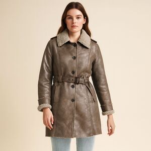 Y2K Faux Suede Sherpa Lined Coat Women L Longline Penny Lane 90s Trench Hippie